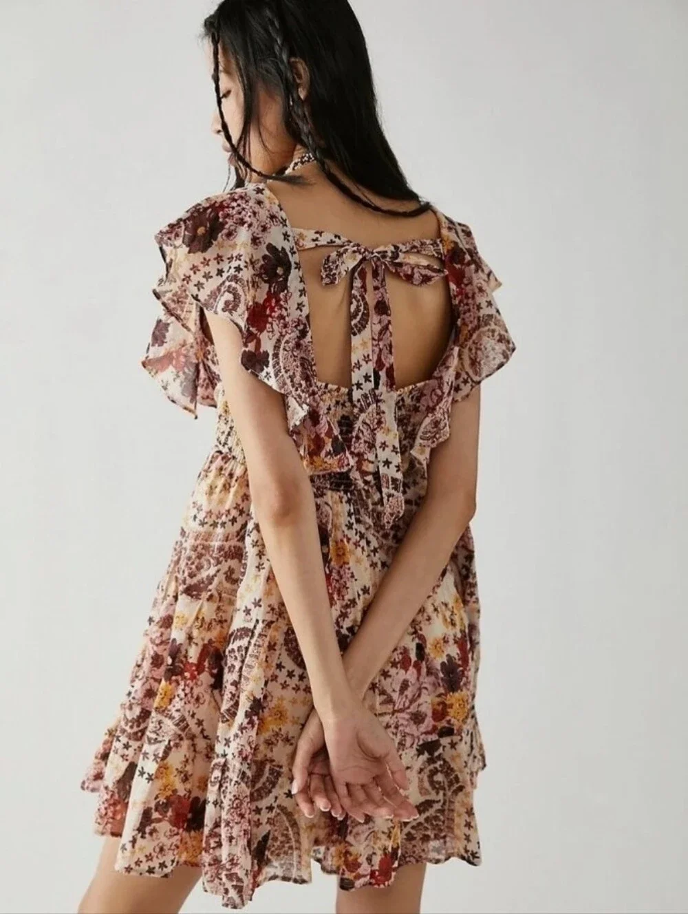 FREE PEOPLE Undone Cream Floral Mini Dress In SMALL